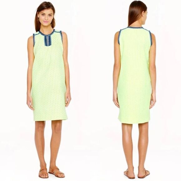 J. Crew Arrow Print Shift Dress Neon Yellow Blue Trim Women’s Size 2 - Picture 1 of 12